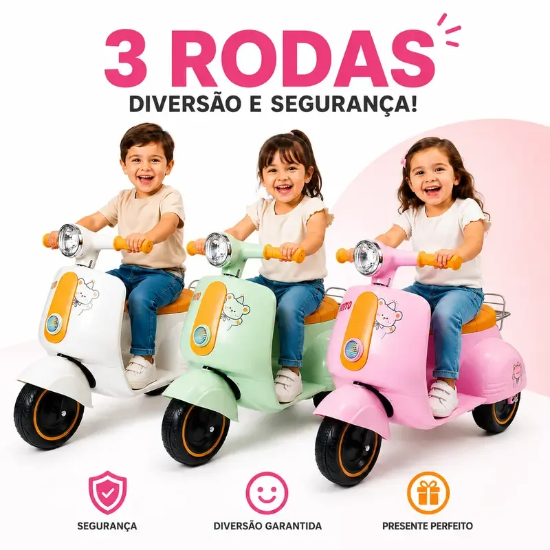 Três crianças em triciclos elétricos nas cores branco, verde e rosa